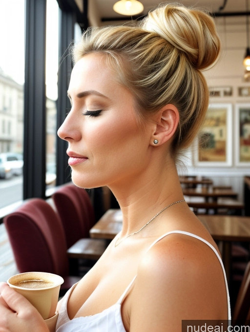 ai nude image of blond woman with a cup of coffee in a cafe pics of Woman One Small Tits Blonde French 50s Hair Bun Side View Shocked Cafe Watercolor Sleeping 90s