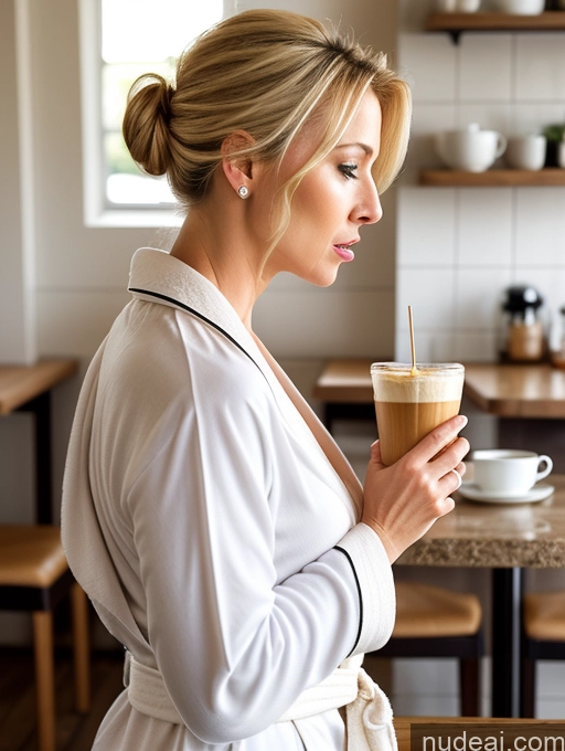 ai nude image of blond woman in white robe holding a cup of coffee in a cafe pics of Woman One Small Tits Blonde French 50s Hair Bun Side View Shocked Cafe Bathrobe