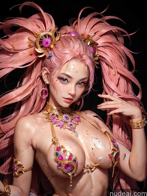 ai nude image of araffed woman with pink hair and jewelry posing for a picture pics of Model One Beautiful Skinny Oiled Body 18 Pink Hair Long Hair Japanese Dance Dress: Samba