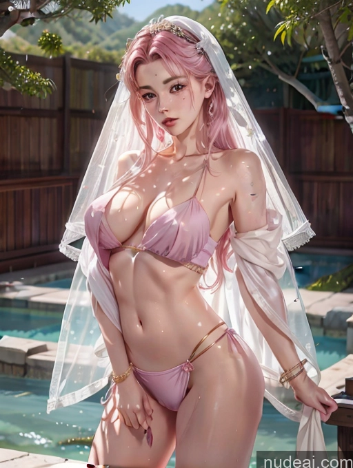 ai nude image of arafed woman in a pink bikini and veil posing by a pool pics of Model One Beautiful Skinny Oiled Body 18 Pink Hair Long Hair Japanese Perfect Boobs China Goddess Fashion Downblouse: 俯身露乳