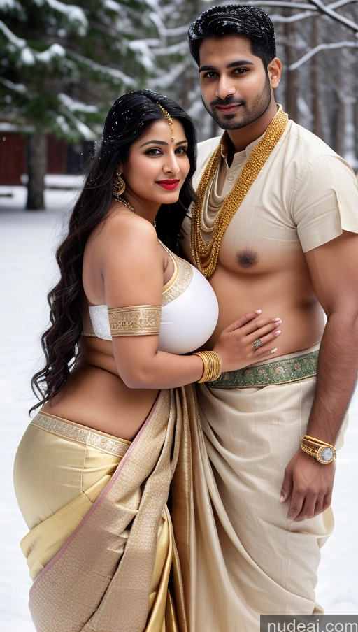 ai nude image of araffes in a sar and a man in a white shirt pics of Busty Huge Boobs Beautiful Lipstick Chubby Fairer Skin Big Ass 50s Seductive Sexy Face Black Hair Straight Indian Skin Detail (beta) Snow Front View Bra Traditional Gold Jewelry Bright Lighting Woman + Man Sari