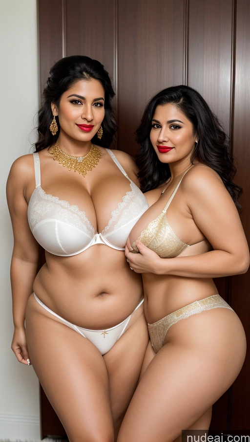 ai nude image of two women in lingersuits posing for a picture in front of a door pics of Busty Huge Boobs Beautiful Lipstick Chubby Fairer Skin Big Ass 50s Seductive Sexy Face Black Hair Straight Indian Skin Detail (beta) Snow Front View Bra Traditional Gold Jewelry Bright Lighting Woman + Man Panties Wedding