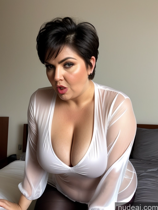 ai nude image of there is a woman in a sheer shirt sitting on a bed pics of Black Hair Pixie Bedroom Blouse Shirt Yoga Pants Satin Transparent Simple Casual 90s Blowjob Chubby Busty Angry Sexy Face Czech 70s