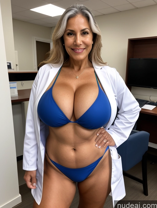 ai nude image of arafed woman in a blue bikini and white lab coat posing for a picture pics of Milf One Busty Huge Boobs Tanned Skin Front View Microkini Thong Professor Brazilian 70s Lab Coat