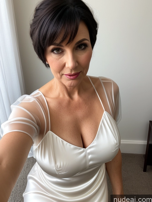 ai nude image of there is a woman in a white dress posing for a picture pics of 70s Czech Milf Busty Big Ass Blouse Shirt Satin Transparent Simple Pixie Black Hair Chubby Blowjob Close-up View