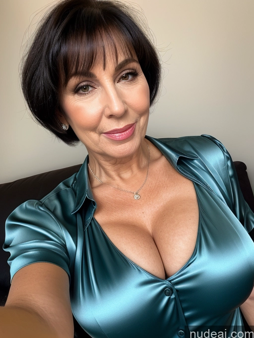 ai nude image of there is a woman in a blue dress posing for a picture pics of 70s Czech Milf Busty Big Ass Blouse Shirt Satin Transparent Simple Pixie Black Hair Chubby Blowjob Close-up View