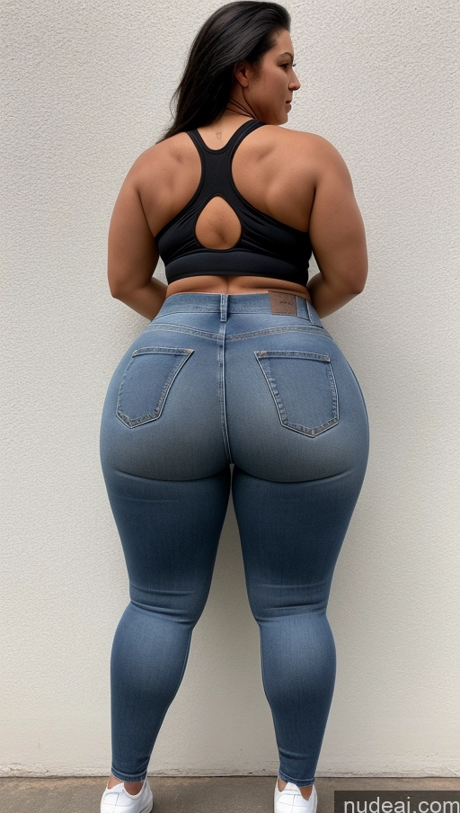 ai nude image of a woman in a black top and jeans standing against a wall pics of Athlete Big Ass Big Hips Jeans