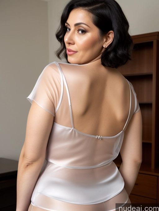 ai nude image of there is a woman in a white top and panties posing for a picture pics of 70s Czech Milf Busty Big Ass Blouse Shirt Satin Transparent Simple Pixie Black Hair Chubby Blowjob Professor Back View Two