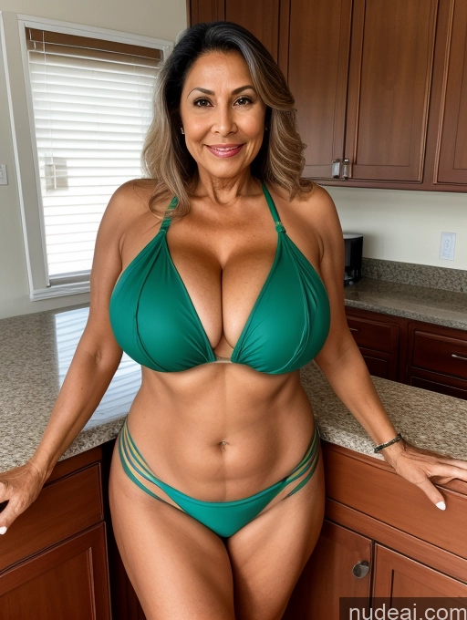 ai nude image of arafed woman in a green bikini posing in a kitchen pics of Milf One Busty Huge Boobs Tanned Skin 70s Brazilian Front View Microkini Thong Lab Coat Professor