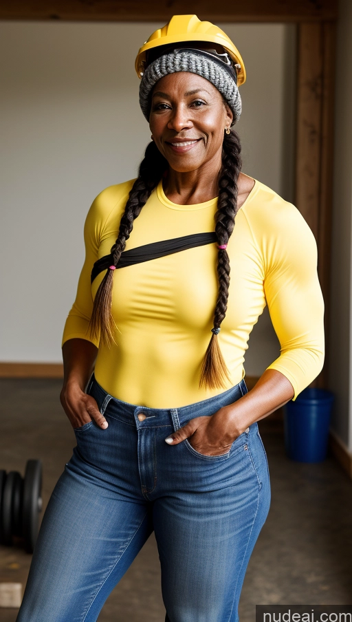 ai nude image of smiling woman in yellow shirt and jeans posing for a picture pics of Muscular Abs Black Braided Construction Worker Boots 70s Working Out Thick Simple Jeans Blouse