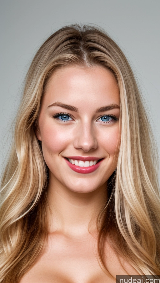 ai nude image of blond woman with blue eyes and long hair smiling at the camera pics of Busty Beautiful Perfect Boobs Lipstick Perfect Body Skinny 18 Happy Scandinavian