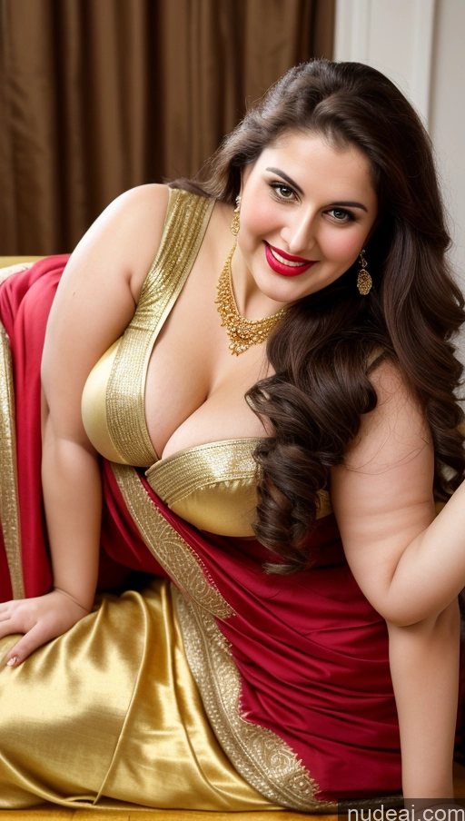 ai nude image of araffe woman in a red and gold sari posing for a picture pics of Milf Busty Beautiful Lipstick Thick Chubby Fat Big Hips Fairer Skin 20s Happy Seductive Brunette Long Hair Russian Front View Straddling Sari Blouse Dirndl Victorian Cleavage Gold Jewelry Party