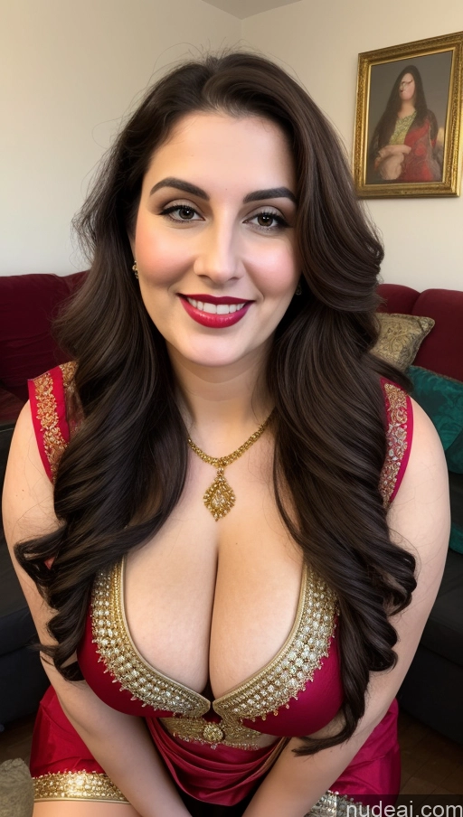 ai nude image of araffe woman in a red dress posing for a picture pics of Milf Busty Beautiful Lipstick Thick Chubby Fat Big Hips Fairer Skin 20s Happy Seductive Brunette Long Hair Russian Front View Straddling Sari Blouse Dirndl Victorian Cleavage Gold Jewelry Party