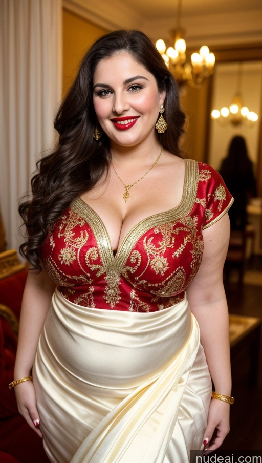 ai nude image of araffe woman in a red and gold dress posing for a picture pics of Milf Busty Beautiful Lipstick Thick Chubby Big Hips Fat Fairer Skin 20s Happy Seductive Brunette Long Hair Russian Front View Straddling Victorian Cleavage Gold Jewelry Party Sari Blouse Dirndl