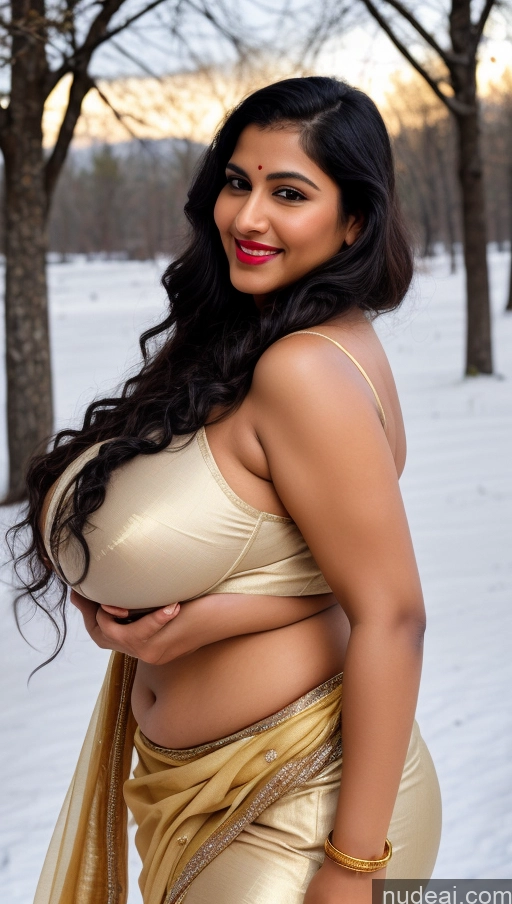 ai nude image of araffe woman in a sari posing for a picture in the snow pics of Woman Busty Huge Boobs Beautiful Lipstick Big Ass Chubby Fairer Skin 50s Seductive Sexy Face Black Hair Indian Skin Detail (beta) Front View Bra Sari Tribal Gold Jewelry Bright Lighting Traditional Snow Happy