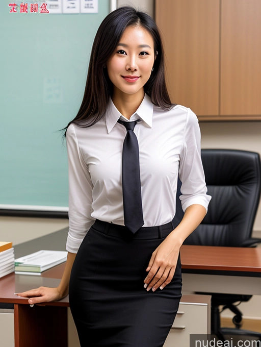 ai nude image of woman in a skirt and shirt posing in an office with a desk pics of Woman One Small Ass Small Tits Tall Long Legs Abs 20s Black Hair Long Hair Chinese Teacher Office Dark Skin