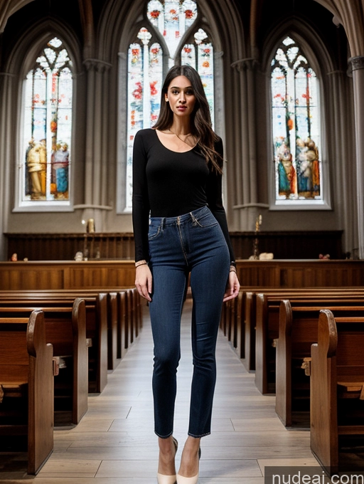 ai nude image of arafed woman standing in a church with a black top and jeans pics of Woman One Small Ass Small Tits Tall Long Legs Abs 20s Black Hair Long Hair British Fairer Skin Church 90s