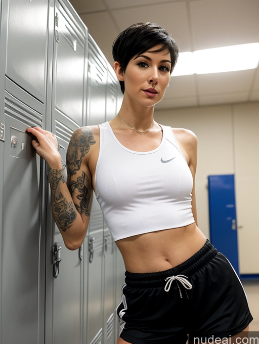 ai nude image of there is a woman standing in a locker with a tattoo on her arm pics of Woman One Tall Long Legs Small Ass Small Tits Abs Tattoos 30s Black Hair Pixie White Locker Room Fairer Skin Crop Top Short Shorts