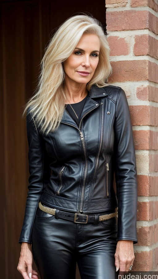 ai nude image of blond woman in black leather jacket leaning against brick wall pics of Woman 60s Leather Detailed Skinny Blonde