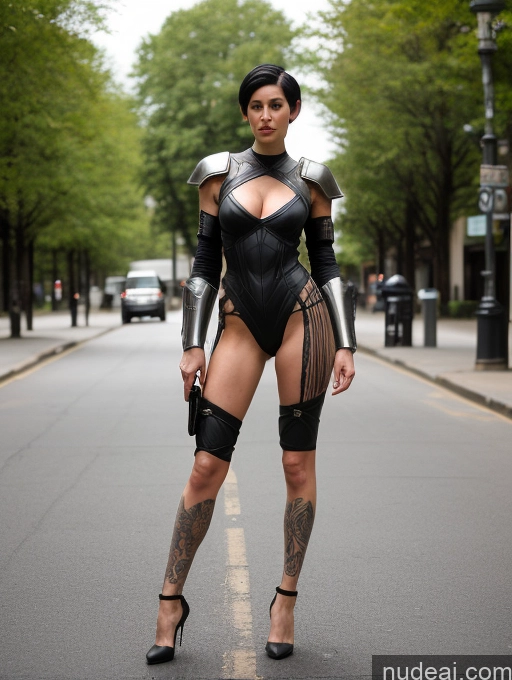 ai nude image of there is a woman in a black bodysuit posing on the street pics of Woman One Tall Long Legs Small Ass Small Tits Abs Tattoos 30s Black Hair Pixie White Fairer Skin Street Sci-fi Armor