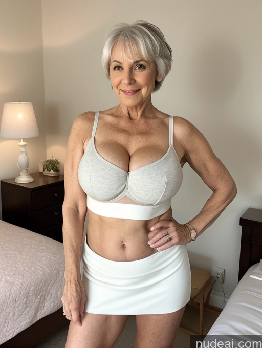 ai nude image of there is a woman in a white skirt posing for a picture pics of Milf Busty Small Ass Skinny Pubic Hair 70s White Hair Pixie Bedroom Crop Top Mini Skirt