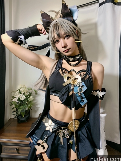 ai nude image of there is a woman in a costume that is holding a sword pics of Black Tank Top Kirara: Genshin Impact Cosplayers Punk Skirt