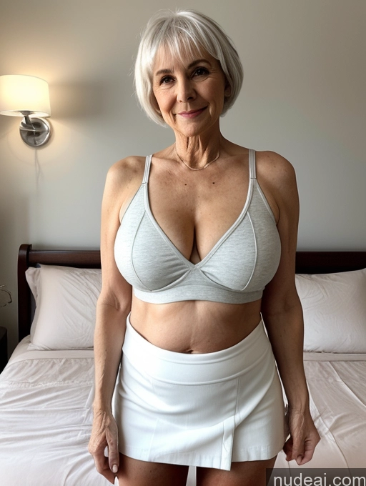 ai nude image of there is a woman in a white skirt posing for a picture pics of Milf Busty Small Ass Skinny Pubic Hair 70s White Hair Pixie Bedroom Crop Top Mini Skirt