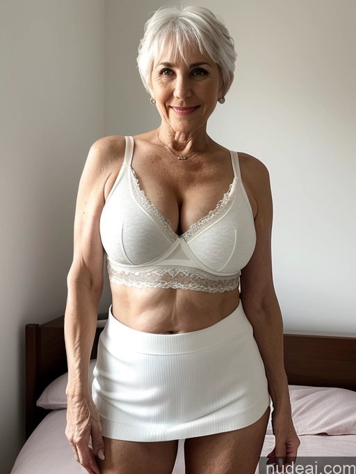 ai nude image of older woman in white underwear posing for a picture in her bedroom pics of Milf Busty Small Ass Skinny Pubic Hair 70s White Hair Pixie Bedroom Crop Top Mini Skirt