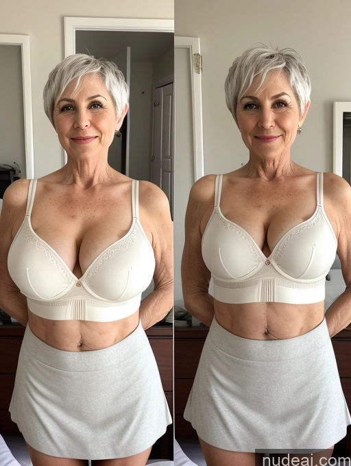 ai nude image of there is a woman with a short gray hair and a white bra pics of Milf Busty Small Ass Skinny Pubic Hair 70s White Hair Pixie Bedroom Crop Top Mini Skirt Cleavage