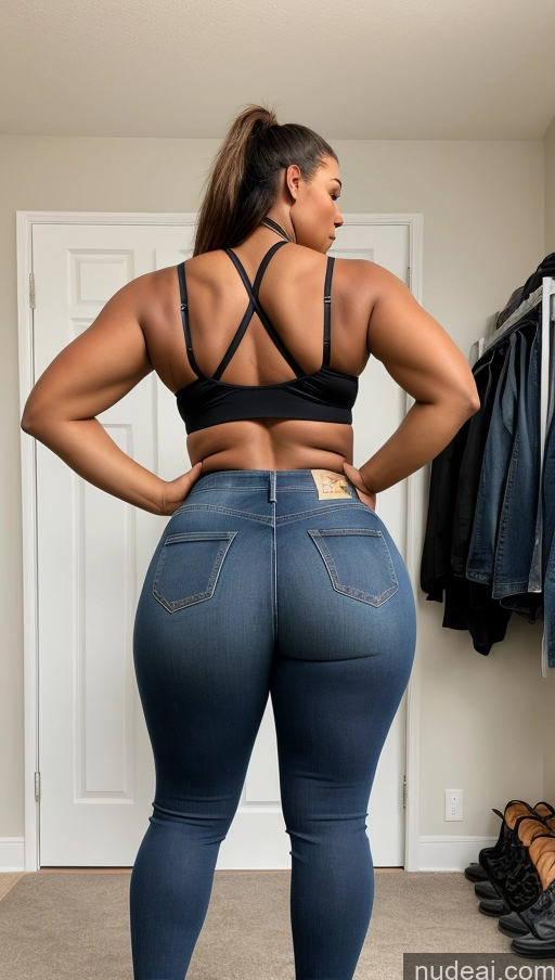 ai nude image of araffe woman in jeans and a bra top standing in a closet pics of Athlete Big Ass Big Hips Jeans