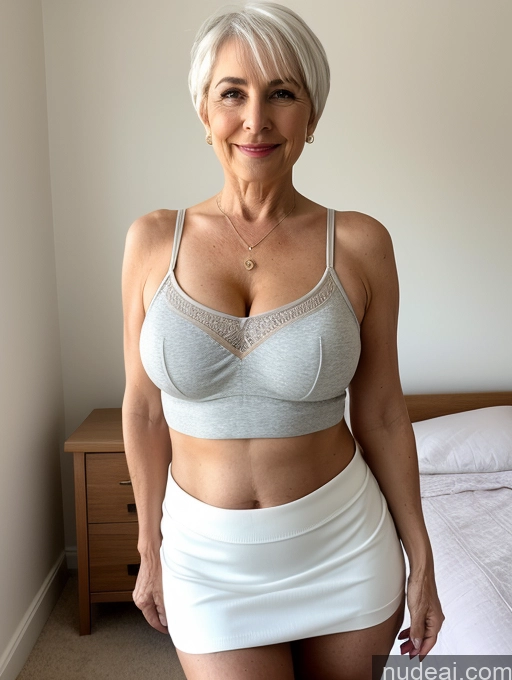 ai nude image of there is a woman in a white skirt and a bra top pics of Milf Busty Small Ass Skinny Pubic Hair 70s White Hair Pixie Bedroom Crop Top Mini Skirt Cleavage Micro Skirt