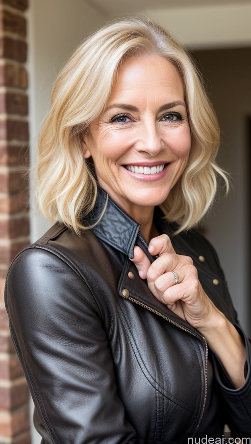 ai nude image of blond woman in black leather jacket smiling at camera with brick wall pics of Woman 60s Blonde Leather Detailed Skinny Happy