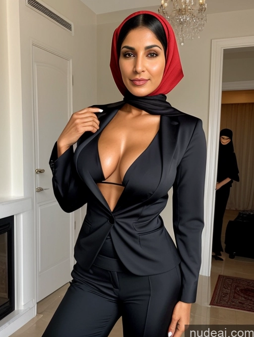 ai nude image of there is a woman in a black suit and red head scarf pics of Milf Perfect Boobs Perfect Body Beautiful Dark Skin 60s Sexy Face Short Hair Arabic Party Niqab Cleavage Partially Nude Detailed Two Blouse Suit High Heels