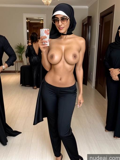 ai nude image of araffe dressed in black poses for a picture while wearing a nun outfit pics of Milf Two Perfect Boobs Beautiful Perfect Body Short Hair Dark Skin 60s Arabic Party Blouse High Heels Niqab Suit Cleavage Partially Nude Detailed Sexy Face