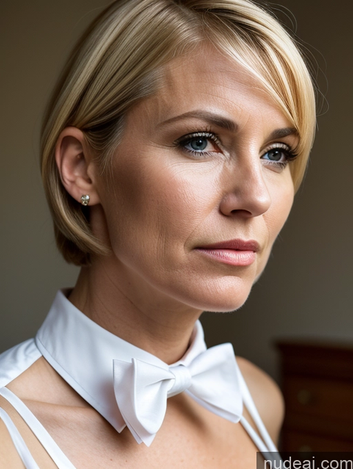 ai nude image of blond woman with a white collared shirt and a white bow tie pics of Woman 50s Blonde Bobcut Cleavage Bow Tie Serious Close-up View