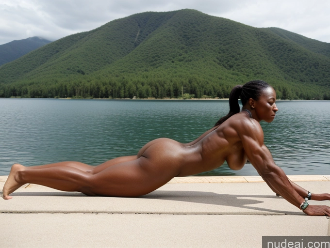 ai nude image of arafed woman laying on a dock with a mountain in the background pics of Muscular Thick Abs Black Nude 70s Dark Skin Dark Fantasy Lake Small Tits Ponytail Ginger Bodybuilder Perfect Boobs Plank Side View