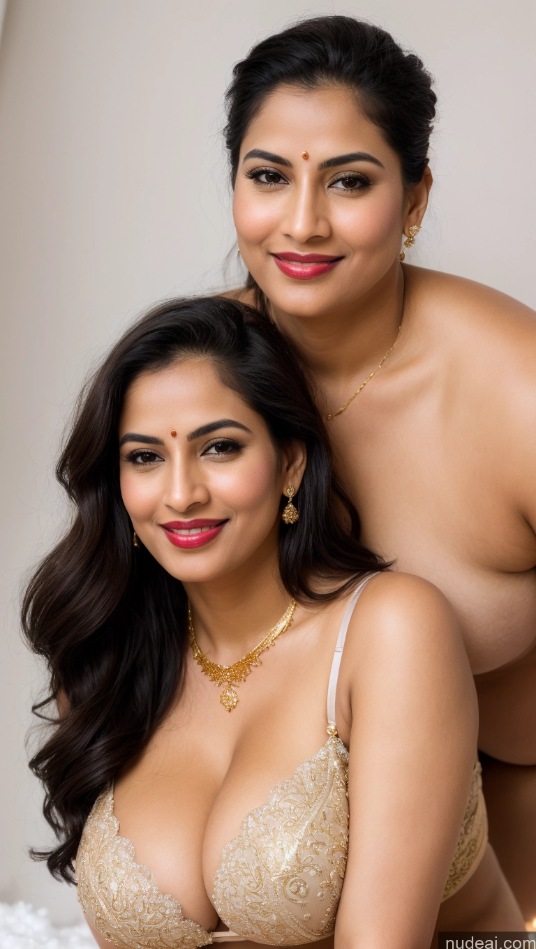 ai nude image of there are two women posing for a picture in a bra pics of Busty Huge Boobs Beautiful Lipstick Big Ass Chubby Fairer Skin 50s Sexy Face Black Hair Indian Skin Detail (beta) Snow Front View Bra Sari Gold Jewelry Bright Lighting Seductive Happy Straight Simple Wedding Thong Woman + Man