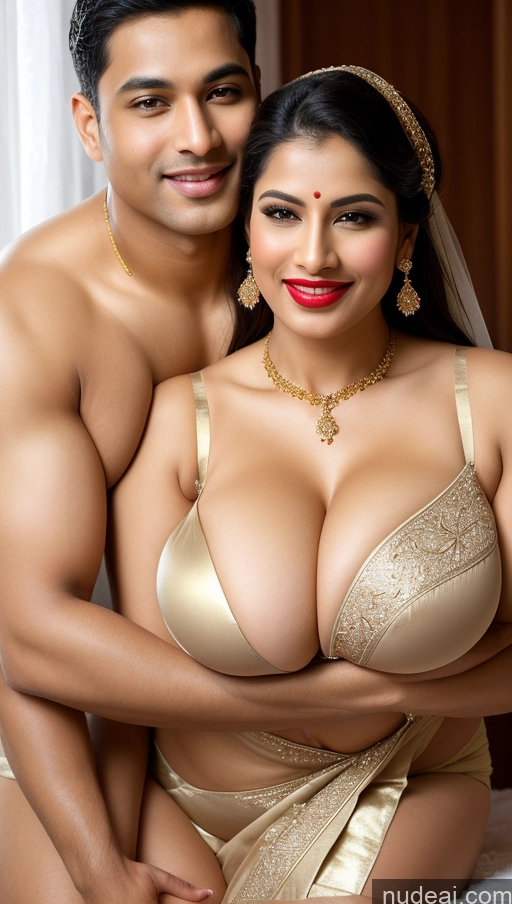 ai nude image of araffed woman in a gold dress and a man in a white shirt pics of Woman + Man Busty Huge Boobs Beautiful Lipstick Big Ass Chubby Fairer Skin 50s Happy Seductive Sexy Face Black Hair Straight Indian Skin Detail (beta) Snow Front View Bra Sari Thong Wedding Traditional Gold Jewelry Bright Lighting