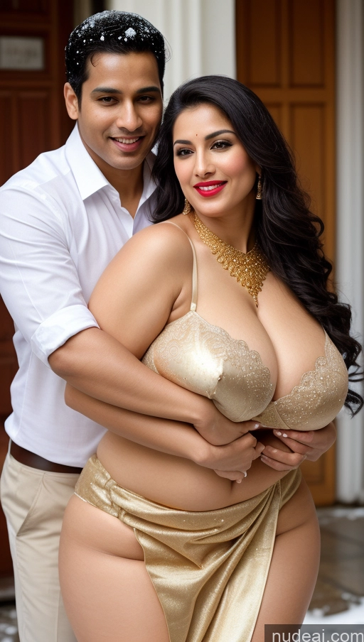 ai nude image of araffed woman in a gold dress and a man in a white shirt pics of Woman + Man Busty Huge Boobs Beautiful Lipstick Big Ass Chubby Fairer Skin 50s Happy Seductive Sexy Face Black Hair Straight Indian Skin Detail (beta) Snow Front View Bra Sari Thong Wedding Traditional Gold Jewelry Bright Lighting