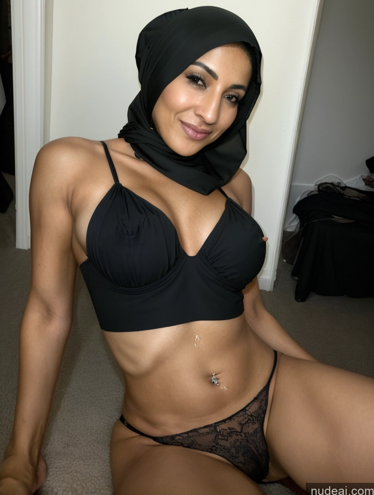 ai nude image of araffe woman in a black bra top and black panties posing for a picture pics of Milf Two Perfect Boobs Beautiful Perfect Body Short Hair Dark Skin 60s Arabic Party Blouse High Heels Niqab Suit Cleavage Partially Nude Detailed Sexy Face Cum On Belly Bra