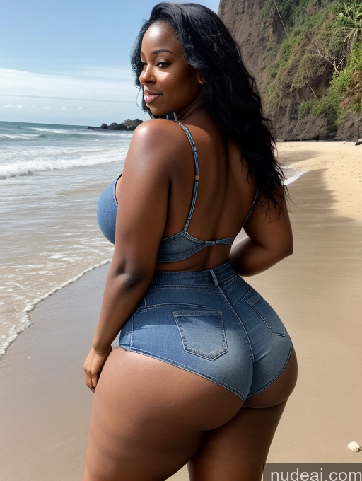 ai nude image of a woman in a denim bikini top and jeans shorts standing on a beach pics of Woman One Huge Boobs Perfect Boobs Big Ass Big Hips Thick Perfect Body 30s Black Hair Long Hair African Chemise Jeans Alternative Detailed Beach