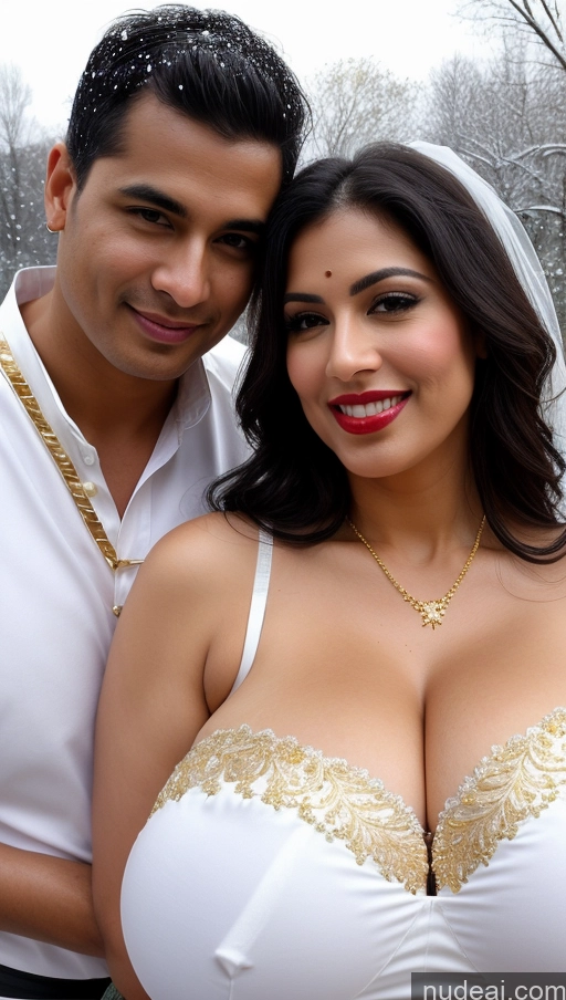 ai nude image of araffed woman in a white bra and a man in a white shirt pics of Woman + Man Busty Huge Boobs Beautiful Lipstick Big Ass Chubby Fairer Skin 50s Happy Seductive Sexy Face Black Hair Straight Indian Skin Detail (beta) Snow Front View Bra Thong Wedding Traditional Gold Jewelry Bright Lighting