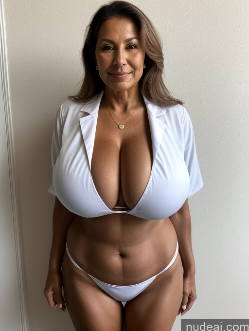 ai nude image of arafed woman in a white shirt and white panties posing for a picture pics of Milf One Busty Huge Boobs Tanned Skin 70s Brazilian Front View Microkini Thong Doctor Lab Coat