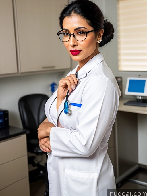 ai nude image of arafed woman in a lab coat and glasses posing for a picture pics of Milf Perfect Boobs Beautiful Glasses Lipstick Big Ass Thick Muscular Big Hips Tanned Skin Pubic Hair 30s Seductive Sexy Face Pouting Lips Black Hair Hair Bun Indian Hospital Doctor Jewelry Detailed Side View Sari Lab Coat