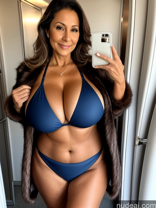 ai nude image of arafed woman in a blue bikini taking a selfie in a mirror pics of Milf One Busty Huge Boobs Tanned Skin 70s Brazilian Front View Microkini Thong Fur Jacket Flight Attendant