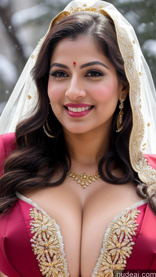 ai nude image of araffe woman in a red dress with a veil and gold jewelry pics of Woman Busty Huge Boobs Beautiful Lipstick Fairer Skin 50s Happy Seductive Sexy Face Black Hair Indian Skin Detail (beta) Front View Bra Sari Traditional Wedding Gold Jewelry Bright Lighting Snow