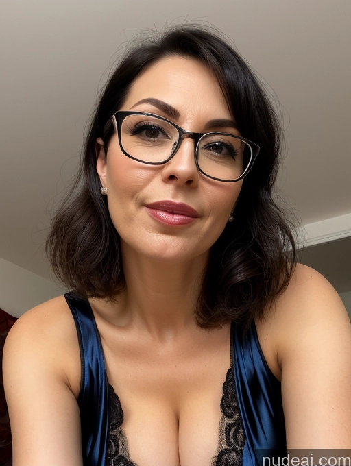 ai nude image of there is a woman wearing glasses and a blue dress posing for a picture pics of 50s Czech Black Hair Pixie Busty Bedroom Blouse Nightgown Satin Transparent Simple Close-up View Blowjob Sexy Face Glasses