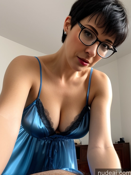 ai nude image of there is a woman in a blue dress and glasses looking at a cell phone pics of 50s Czech Busty Bedroom Blouse Nightgown Satin Transparent Simple Sexy Face Glasses Close-up View Blowjob Two Black Hair Pixie