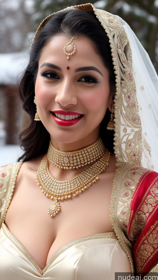 ai nude image of araffe woman in a bridal dress with a veil and jewelry pics of Woman Huge Boobs Beautiful Lipstick Fairer Skin 50s Happy Seductive Sexy Face Black Hair Indian Skin Detail (beta) Bra Sari Traditional Wedding Gold Jewelry Bright Lighting Snow Big Ass Front View