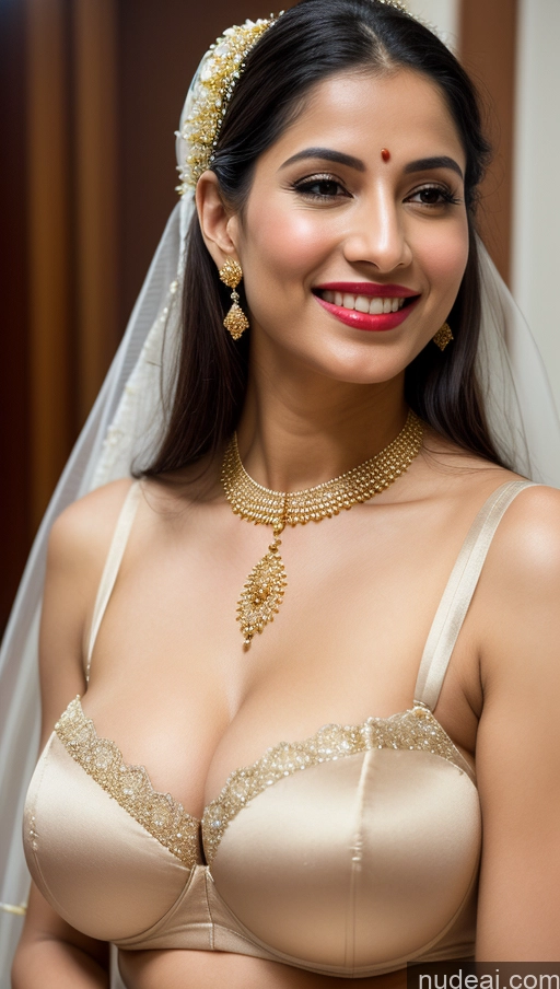 ai nude image of araffed woman in a wedding dress with a veil and jewelry pics of Woman Huge Boobs Beautiful Lipstick Fairer Skin 50s Happy Seductive Sexy Face Black Hair Indian Skin Detail (beta) Bra Sari Traditional Wedding Gold Jewelry Bright Lighting Snow Big Ass Front View